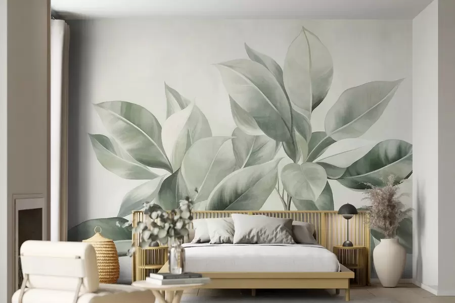 Papier peint Des feuilles vert clair sur un fond pâle et doux, dans un style bohème texturé w09909