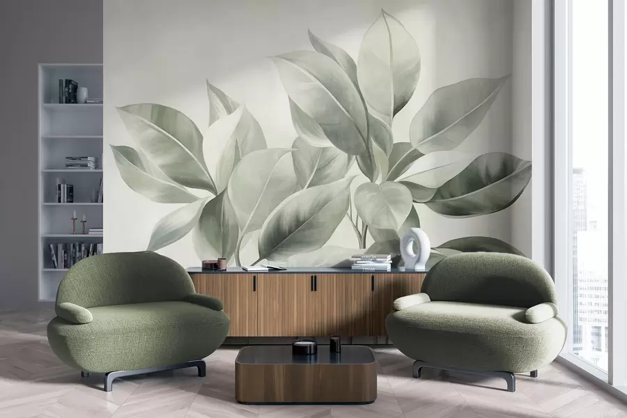 Papier peint Des feuilles vert clair sur un fond pâle et doux, dans un style bohème texturé w09909