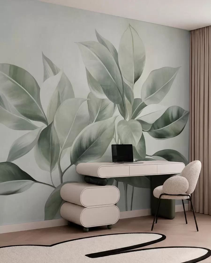 Papier peint Des feuilles vert clair sur un fond pâle et doux, dans un style bohème texturé w09909