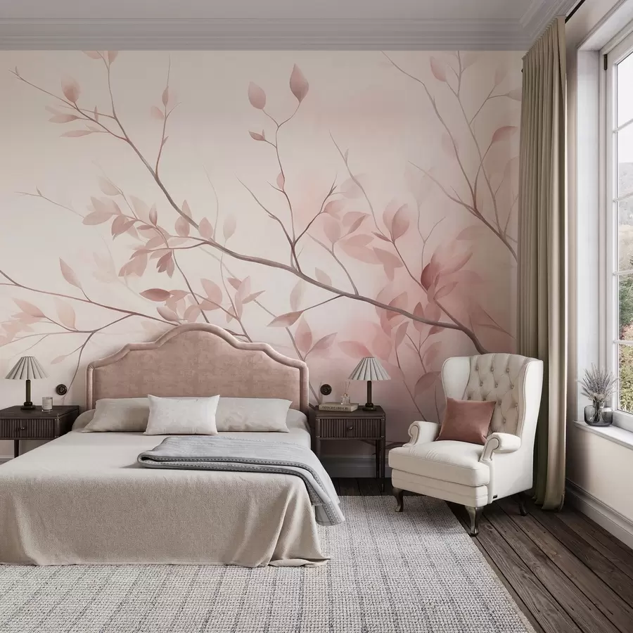 Papier peint Des branches délicates aux feuilles rose pâle sur un fond clair, dans un style aquarelle w09910