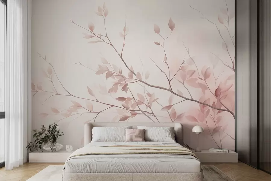 Papier peint Des branches délicates aux feuilles rose pâle sur un fond clair, dans un style aquarelle w09910