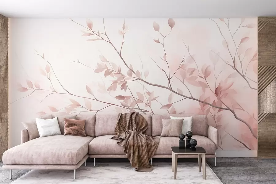 Papier peint Des branches délicates aux feuilles rose pâle sur un fond clair, dans un style aquarelle w09910
