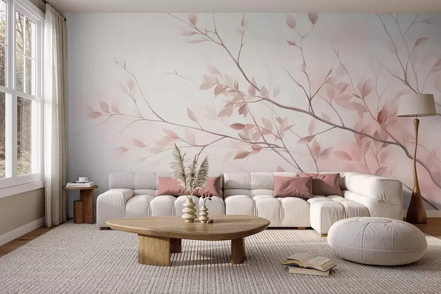 Papier peint Des branches délicates aux feuilles rose pâle sur un fond clair, dans un style aquarelle w09910