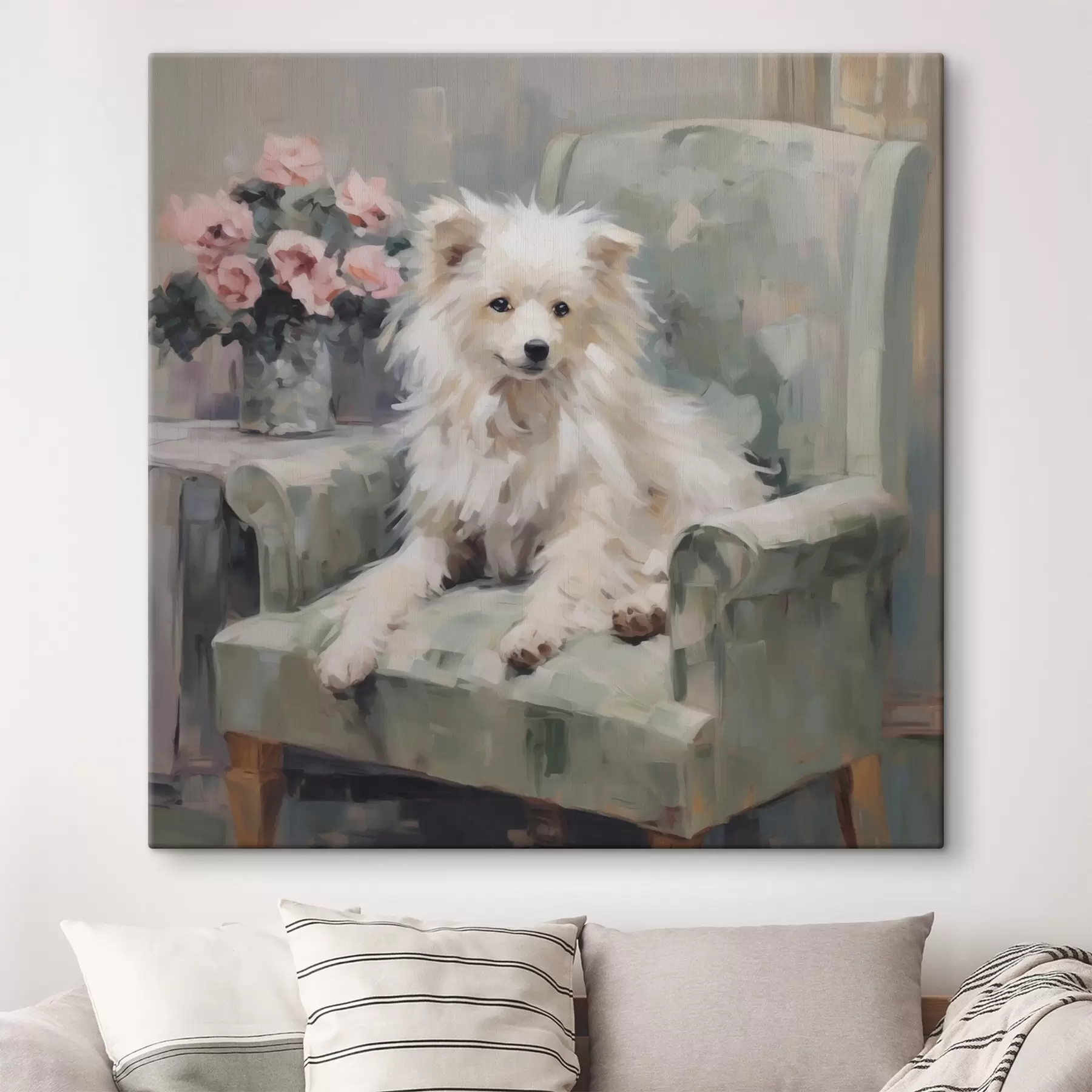 Tableau Un petit chien sur une chaise, reproduction d'un tableau s49597