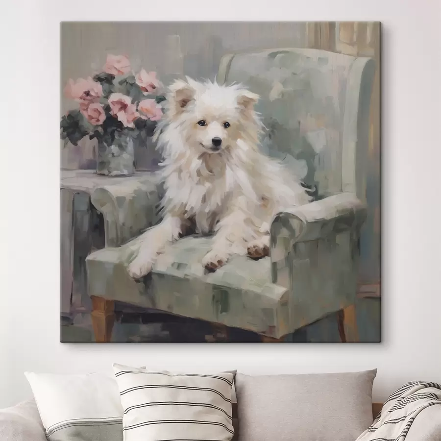 Tableau Un petit chien sur une chaise, reproduction d'un tableau s49597
