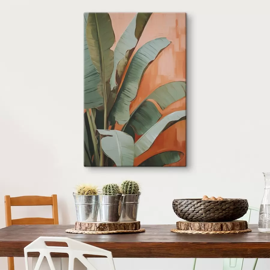 Tableau Peinture représentant de grandes feuilles tropicales s49599