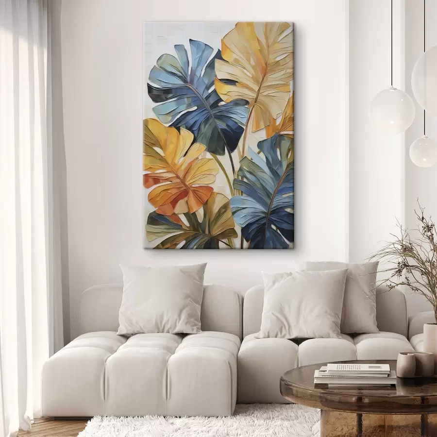 Tableau Peinture représentant des feuilles tropicales colorées s49600