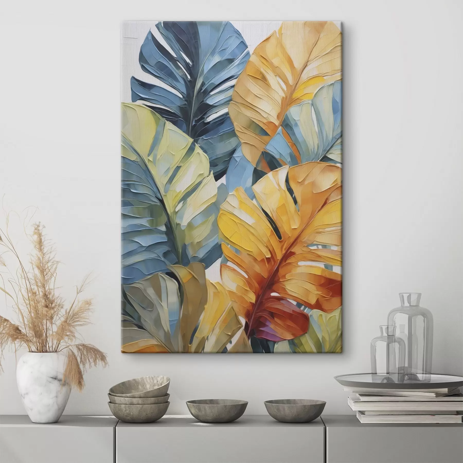 Tableau Peinture représentant des feuilles tropicales colorées s49601