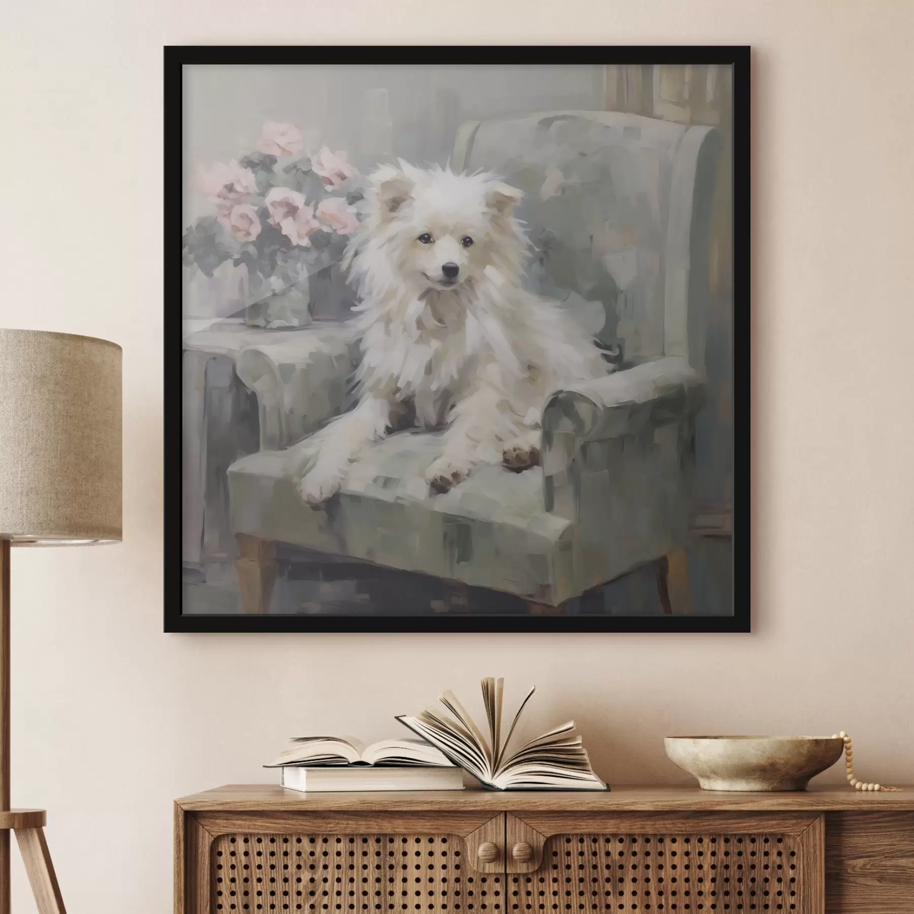 Papier peint Un petit chien sur une chaise, reproduction d'un tableau f49597