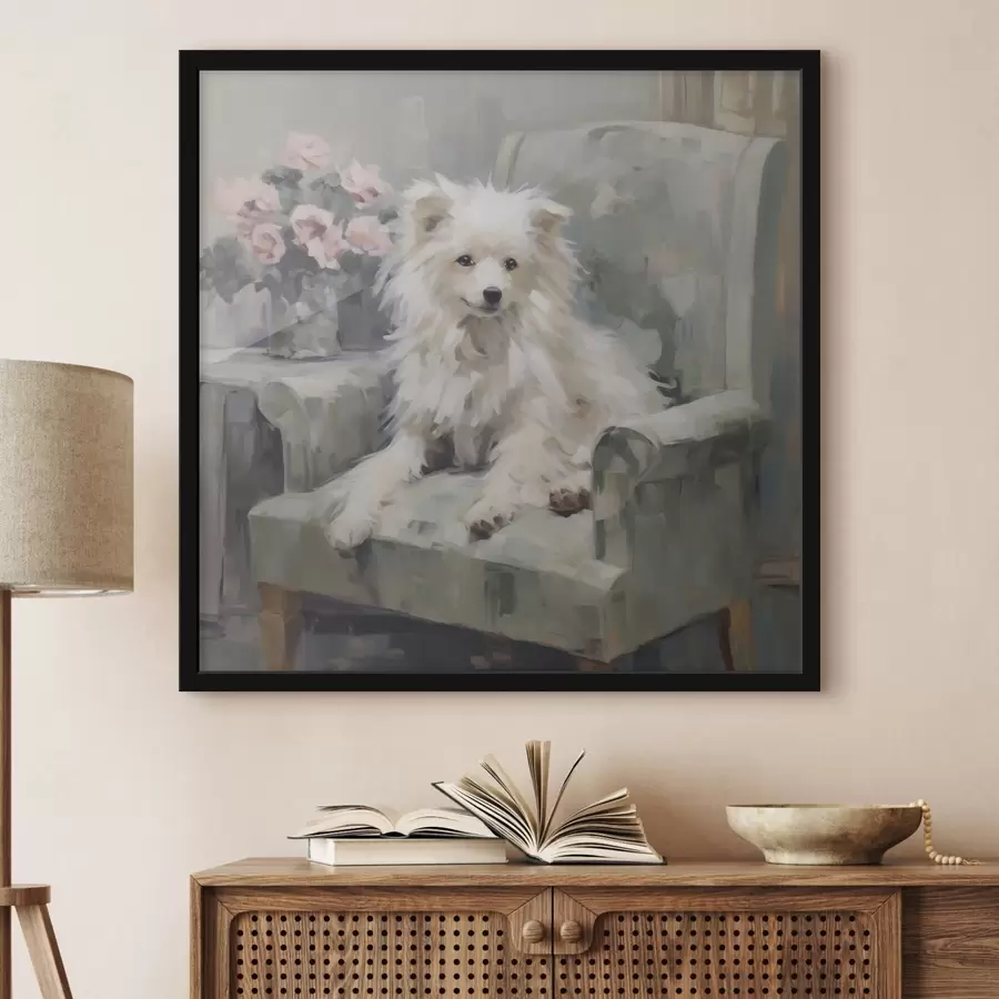 Papier peint Un petit chien sur une chaise, reproduction d'un tableau f49597
