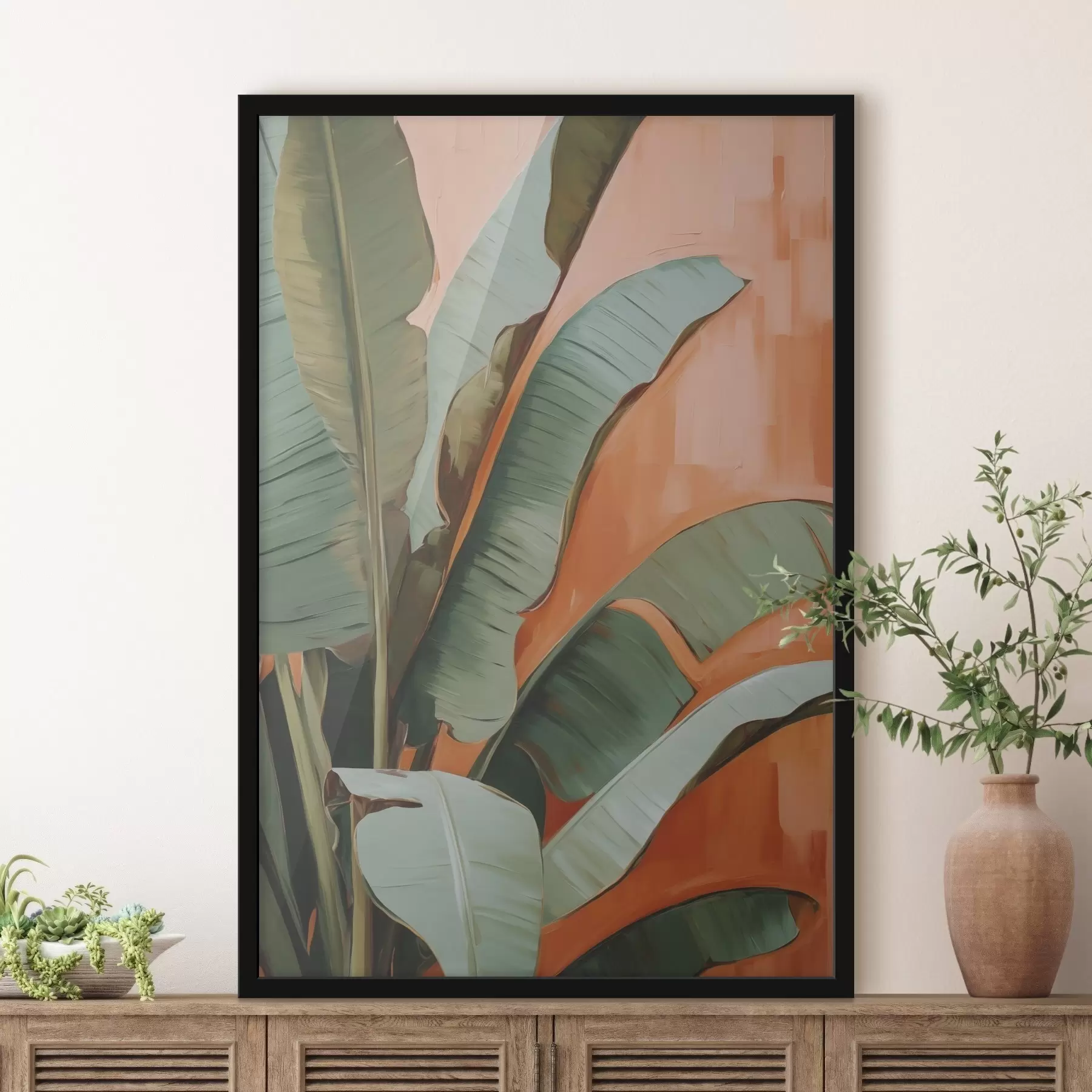Papier peint Peinture représentant de grandes feuilles tropicales f49599