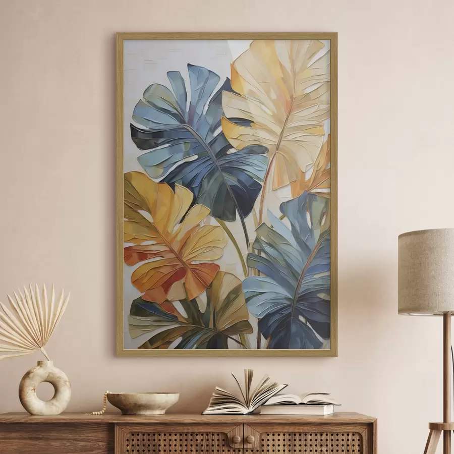 Papier peint Peinture représentant des feuilles tropicales colorées f49600