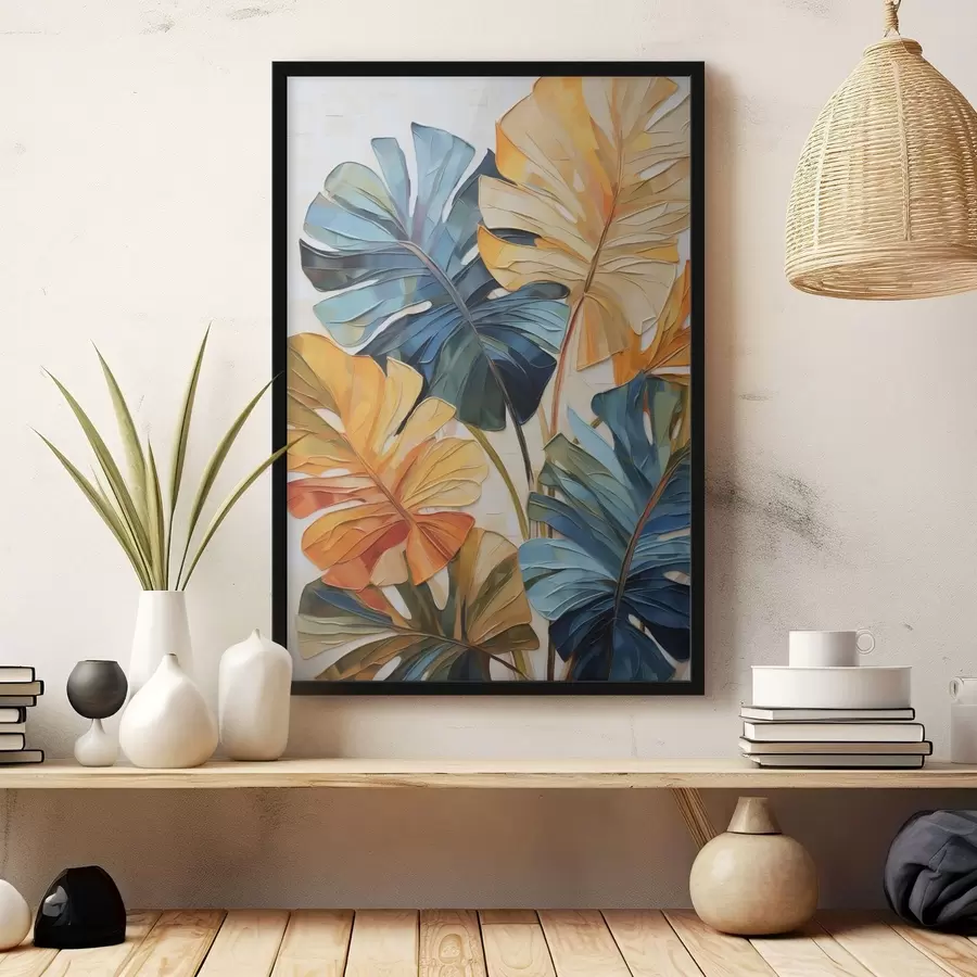 Papier peint Peinture représentant des feuilles tropicales colorées f49600