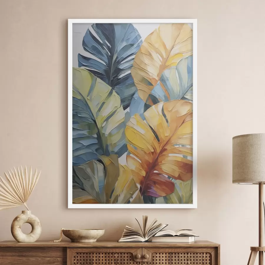 Papier peint Peinture représentant des feuilles tropicales colorées f49601