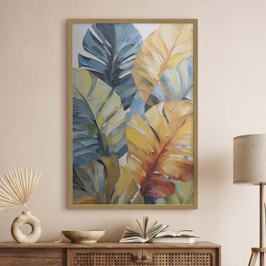 Papier peint Peinture représentant des feuilles tropicales colorées f49601