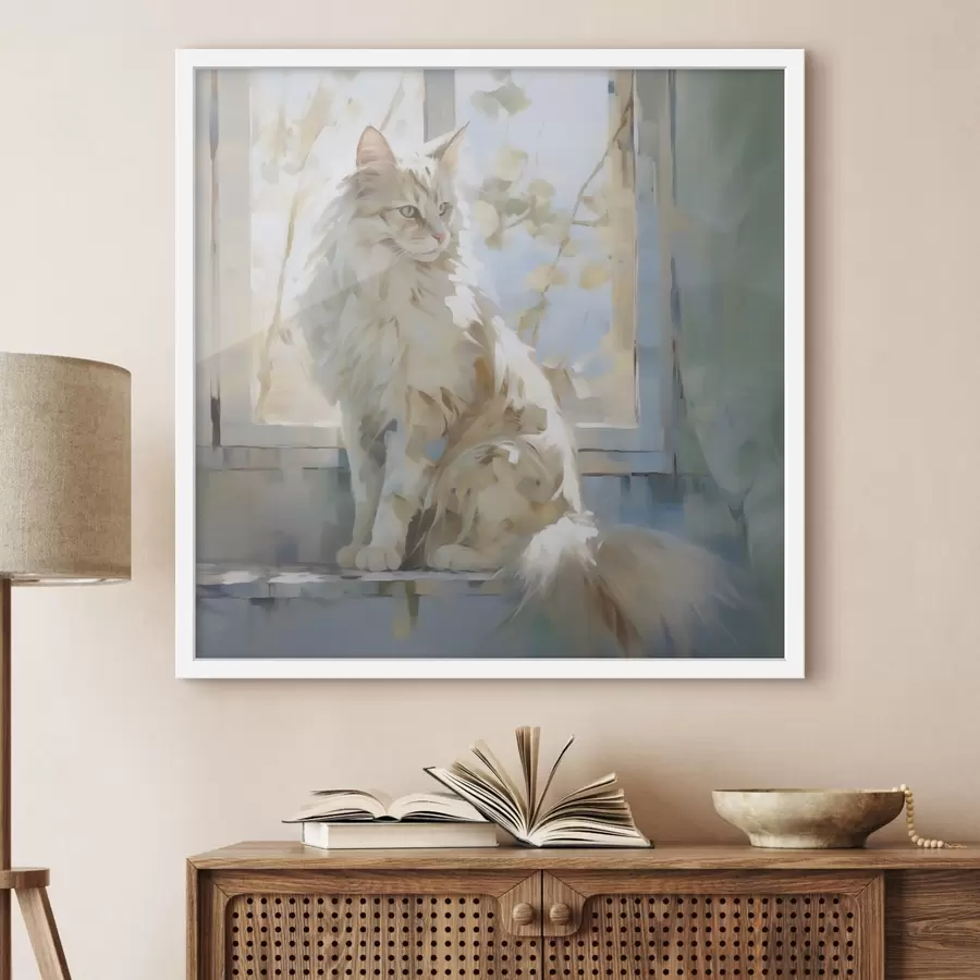 Papier peint Un chat sur le rebord d'une fenêtre est une imitation d'un tableau f49602