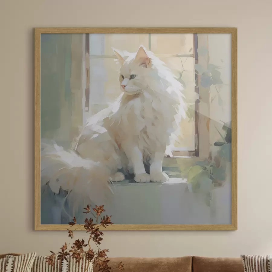 Papier peint Un chat assis près d'une fenêtre, imitation d'un tableau f49603