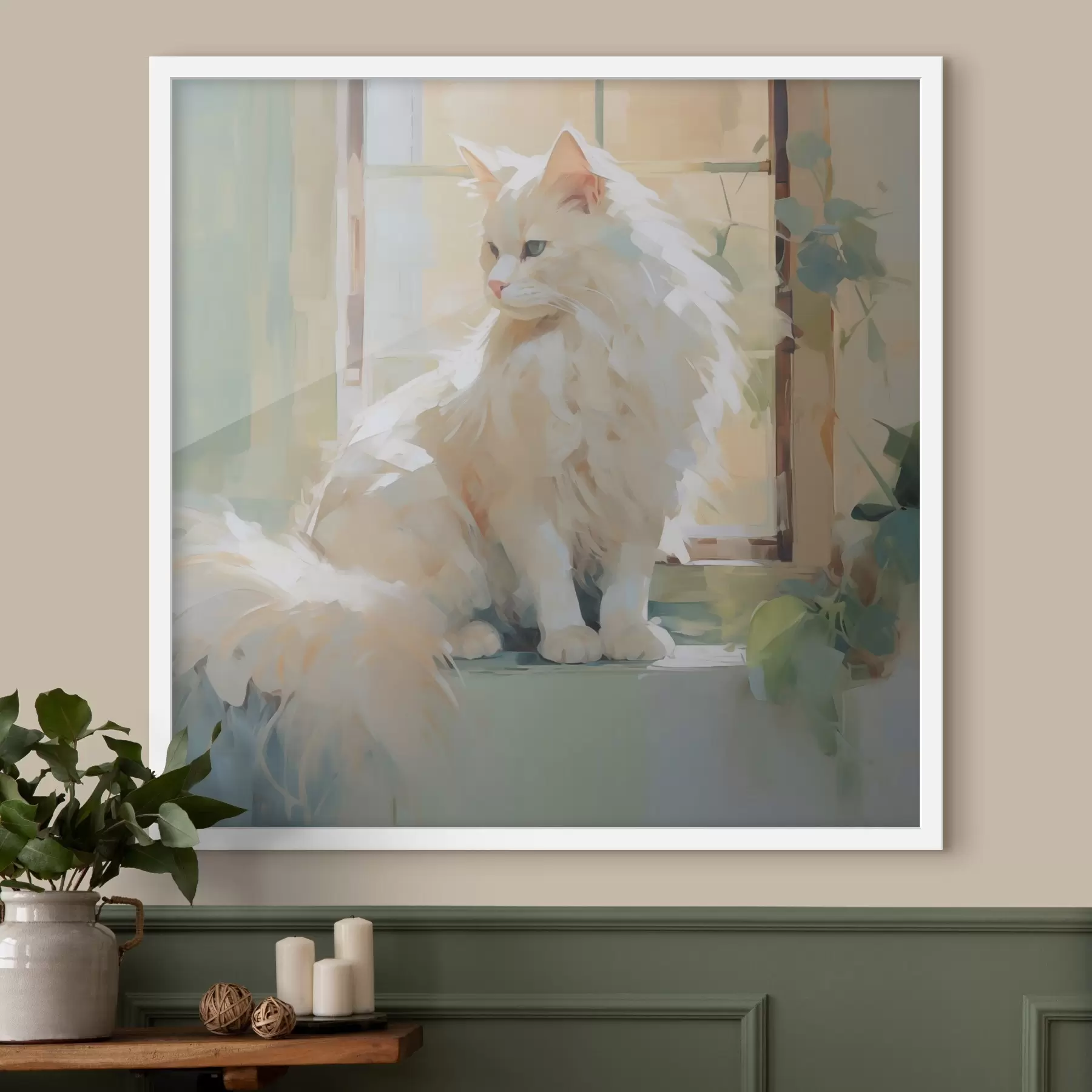 Papier peint Un chat assis près d'une fenêtre, imitation d'un tableau f49603