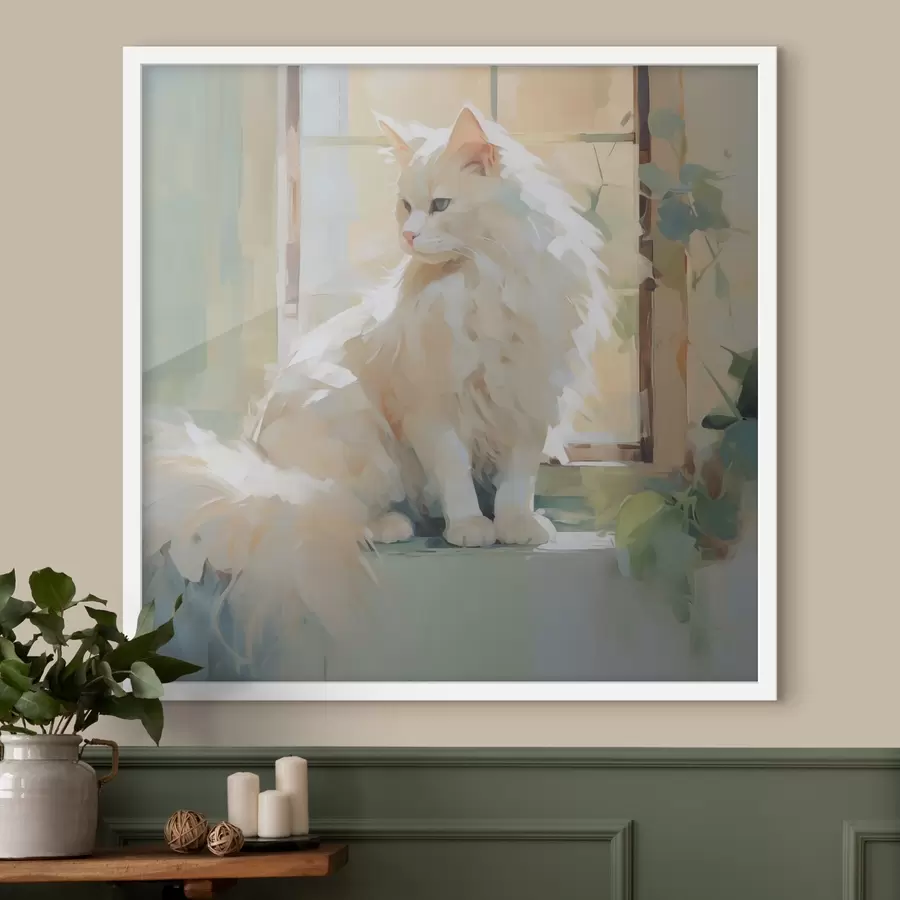 Papier peint Un chat assis près d'une fenêtre, imitation d'un tableau f49603