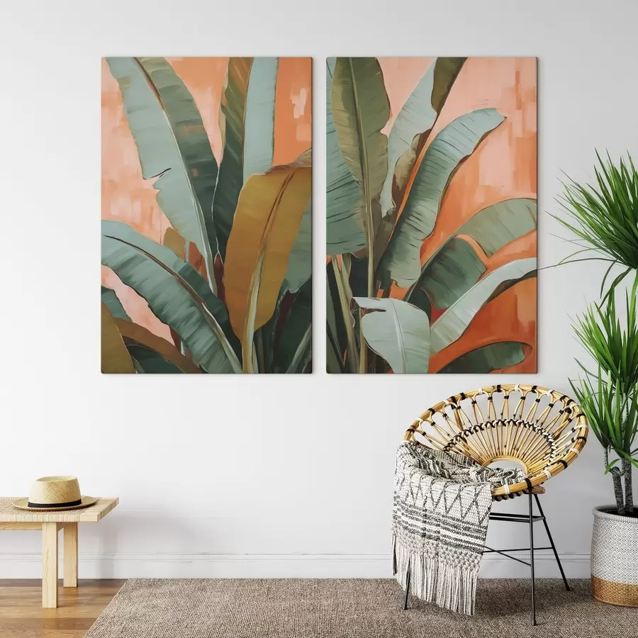 Tableau Peinture représentant de grandes feuilles tropicales m30617