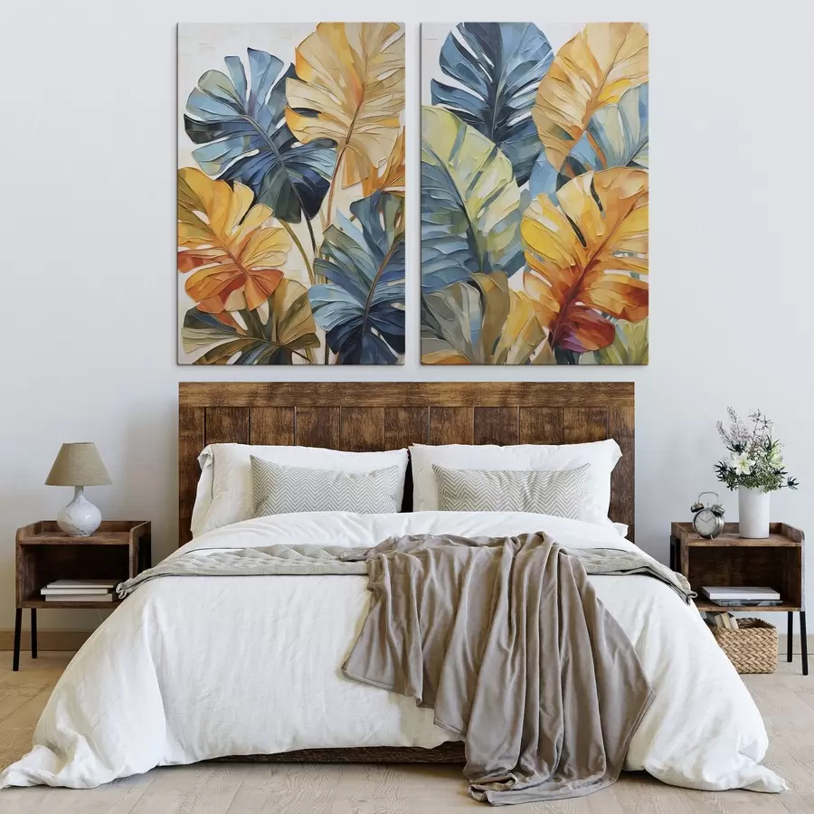 Tableau Peinture représentant des feuilles tropicales colorées m30624