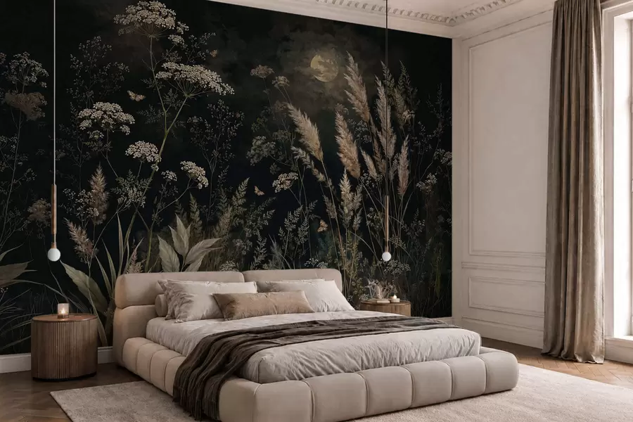Papier peint Prairie au clair de lune, parsemée d'herbes sauvages et de fleurs w05701