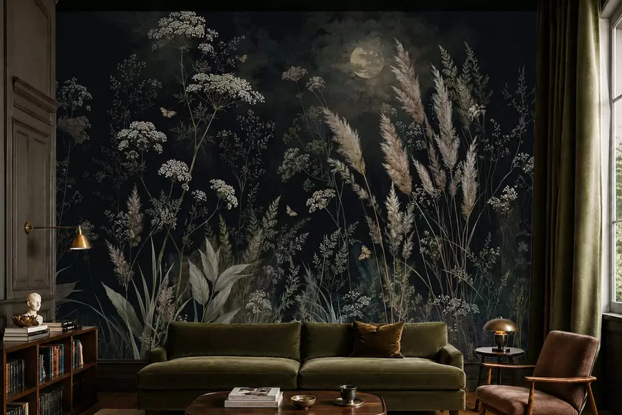 Papier peint Prairie au clair de lune, parsemée d'herbes sauvages et de fleurs w05701
