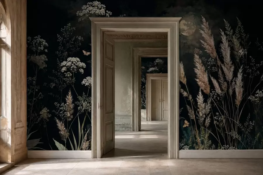 Papier peint Prairie au clair de lune, parsemée d'herbes sauvages et de fleurs w05701