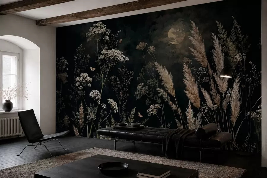 Papier peint Prairie au clair de lune, parsemée d'herbes sauvages et de fleurs w05701