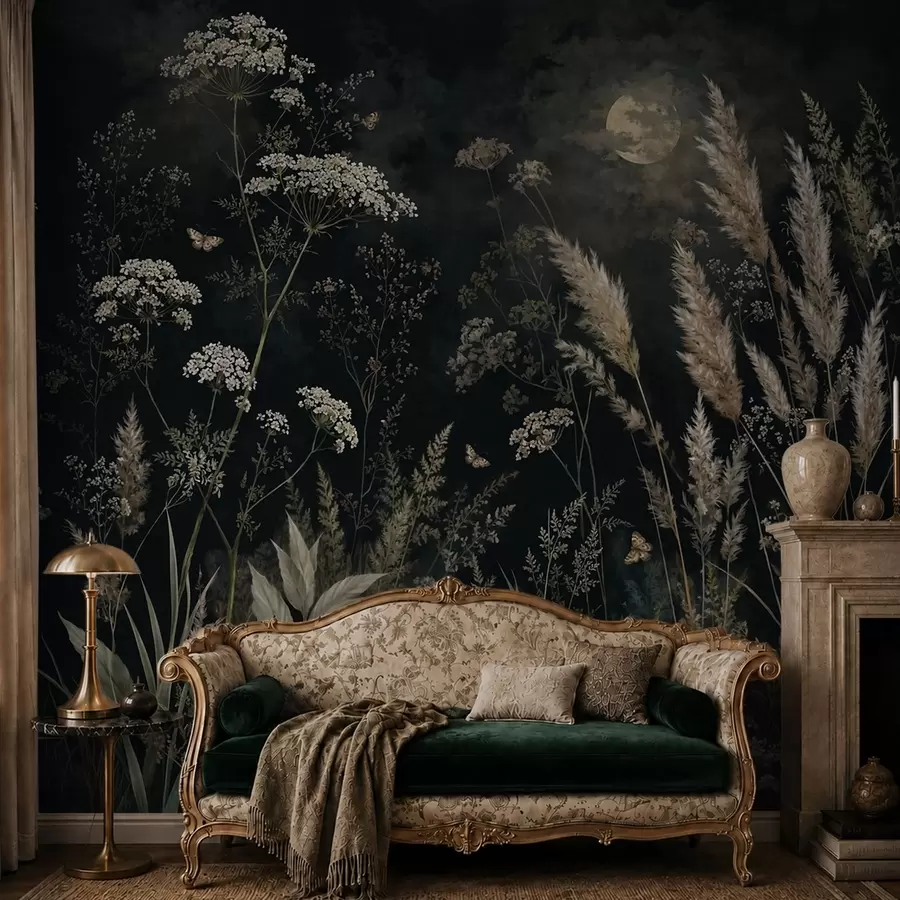 Papier peint Prairie au clair de lune, parsemée d'herbes sauvages et de fleurs w05701