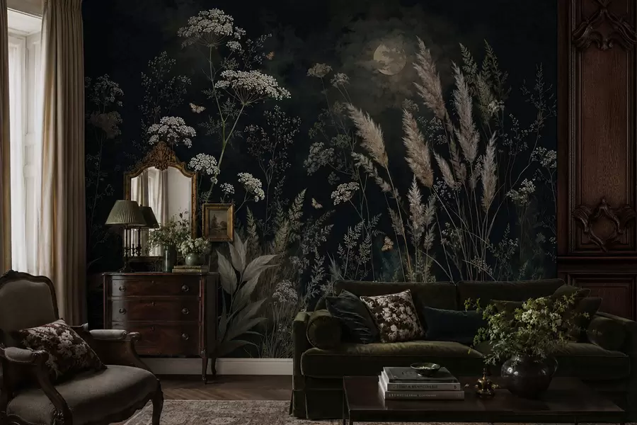 Papier peint Prairie au clair de lune, parsemée d'herbes sauvages et de fleurs w05701