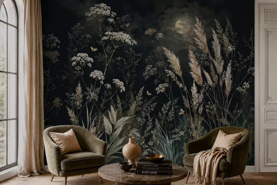 Papier peint Prairie au clair de lune, parsemée d'herbes sauvages et de fleurs w05701