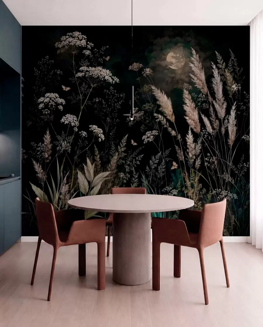 Papier peint Prairie au clair de lune, parsemée d'herbes sauvages et de fleurs w05701