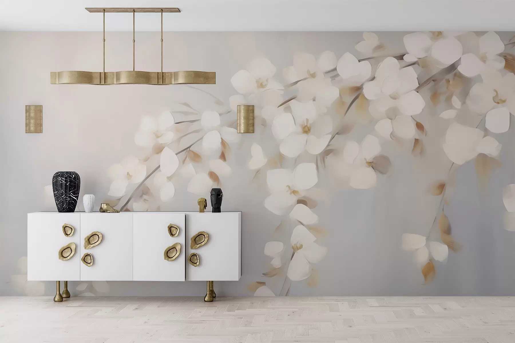 Papier peint Branche abstraite avec des fleurs, imitation d'un tableau w05665