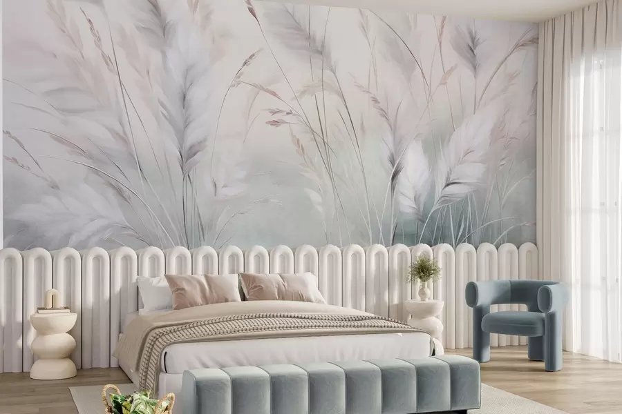Papier peint De hautes herbes plumeuses ondulent doucement sur un fond doux et discret : un art naturel tout en délicatesse w09831