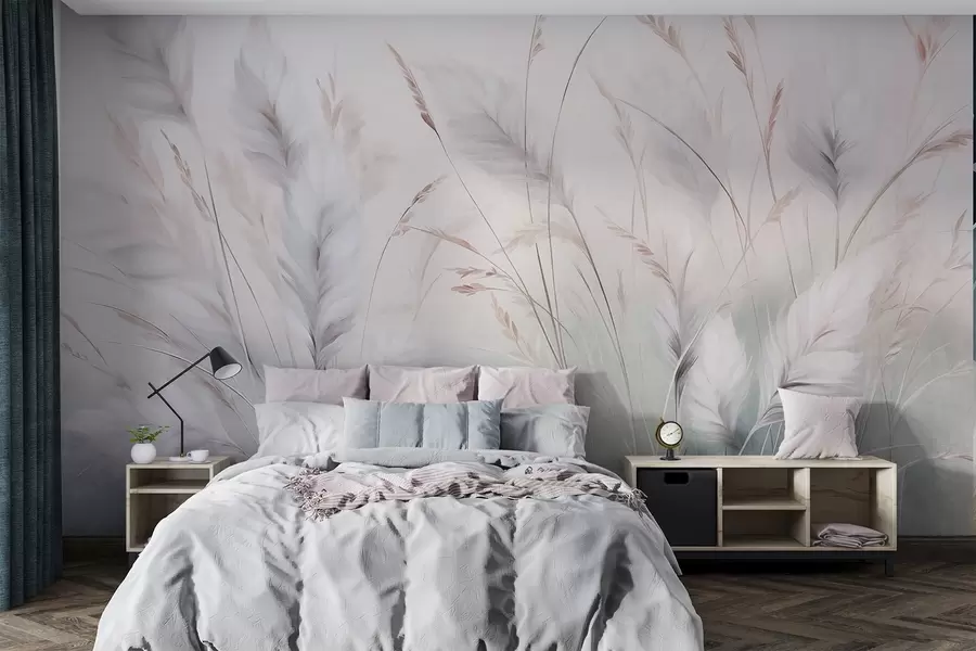 Papier peint De hautes herbes plumeuses ondulent doucement sur un fond doux et discret : un art naturel tout en délicatesse w09831
