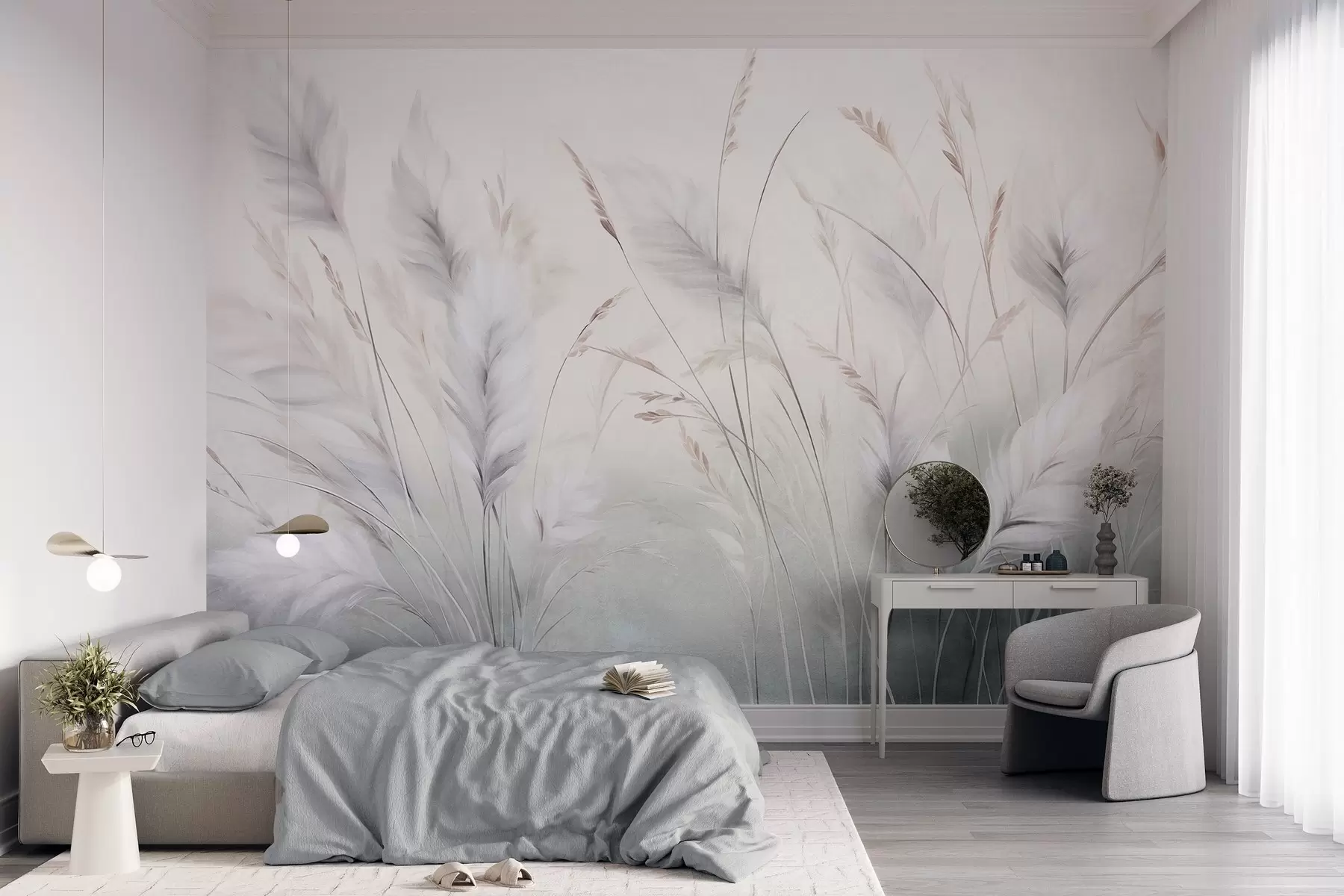 Papier peint De hautes herbes plumeuses ondulent doucement sur un fond doux et discret : un art naturel tout en délicatesse w09831