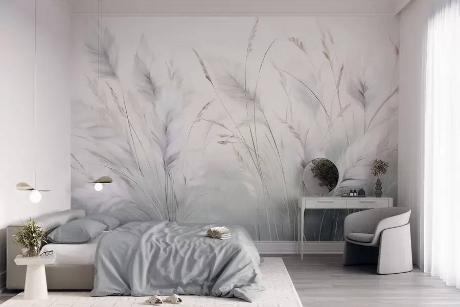 Papier peint De hautes herbes plumeuses ondulent doucement sur un fond doux et discret : un art naturel tout en délicatesse w09831