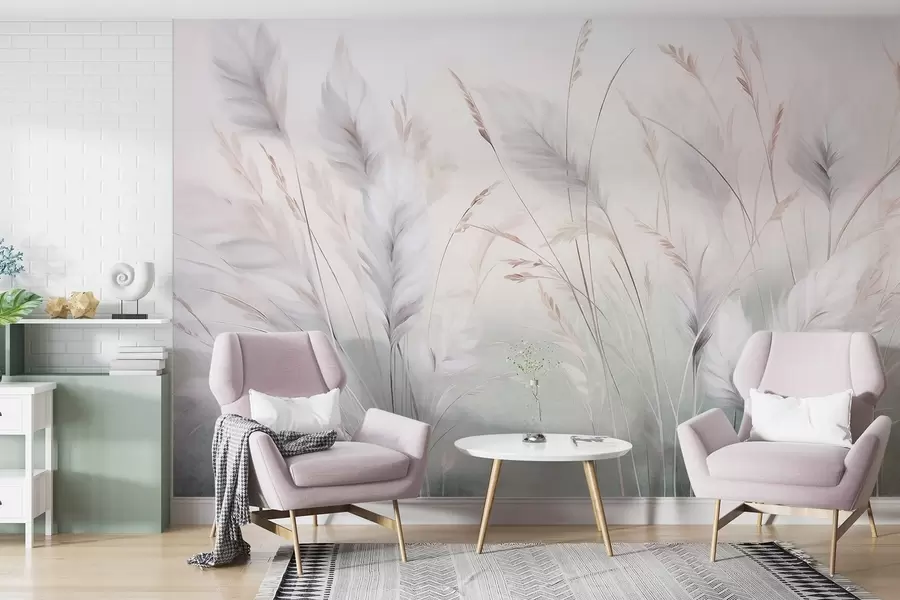 Papier peint De hautes herbes plumeuses ondulent doucement sur un fond doux et discret : un art naturel tout en délicatesse w09831
