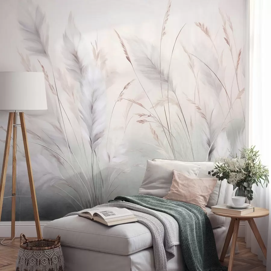 Papier peint De hautes herbes plumeuses ondulent doucement sur un fond doux et discret : un art naturel tout en délicatesse w09831