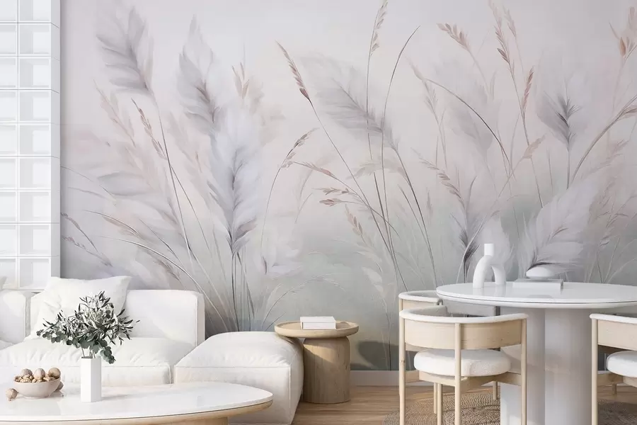 Papier peint De hautes herbes plumeuses ondulent doucement sur un fond doux et discret : un art naturel tout en délicatesse w09831