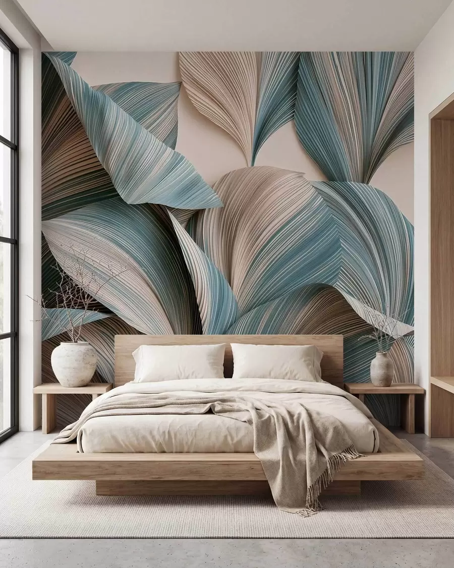Papier peint Feuilles tropicales volumineuses dans des tons beiges et bleus apaisants w09914