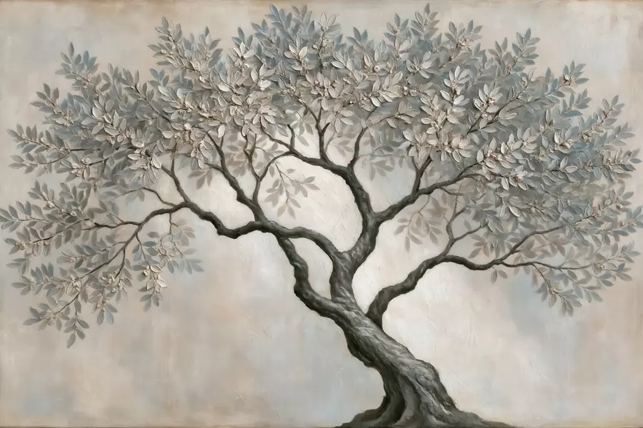 Papier peint Arbre peint à l'huile dans des tons gris-beige naturels et apaisants w09919