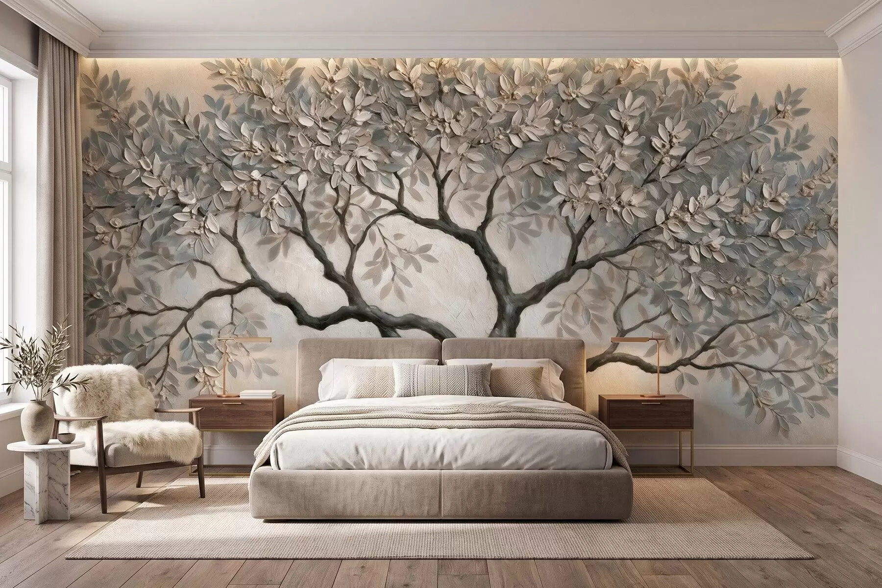 Papier peint Arbre peint à l'huile dans des tons gris-beige naturels et apaisants w09919