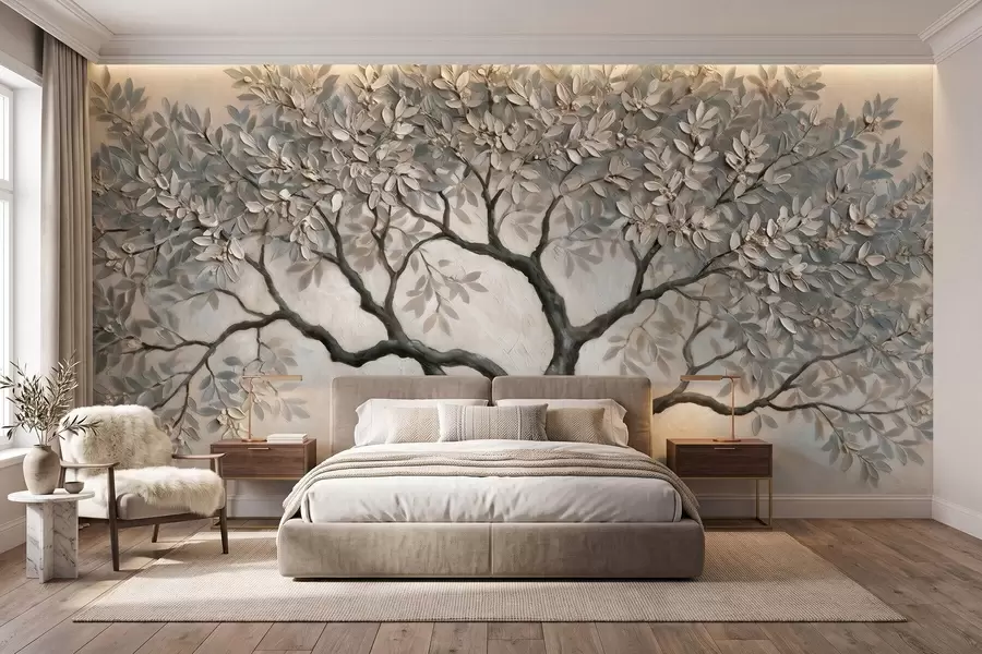 Papier peint Arbre peint à l'huile dans des tons gris-beige naturels et apaisants w09919