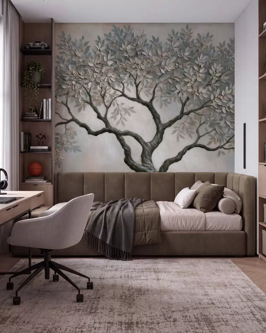 Papier peint Arbre peint à l'huile dans des tons gris-beige naturels et apaisants w09919