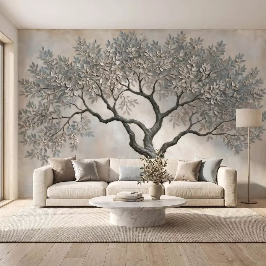 Papier peint Arbre peint à l'huile dans des tons gris-beige naturels et apaisants w09919