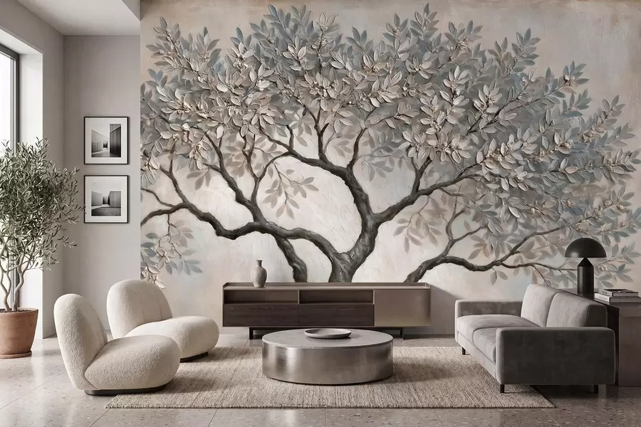 Papier peint Arbre peint à l'huile dans des tons gris-beige naturels et apaisants w09919
