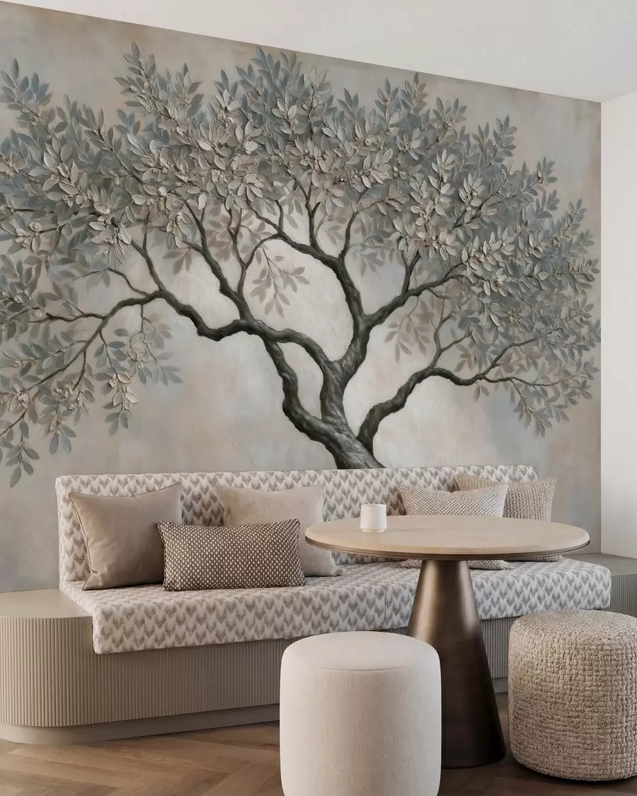Papier peint Arbre peint à l'huile dans des tons gris-beige naturels et apaisants w09919