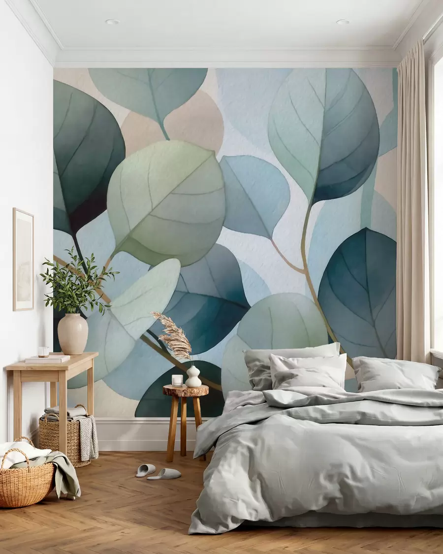 Papier peint Feuilles d'eucalyptus peintes à l'aquarelle avec délicatesse w09927